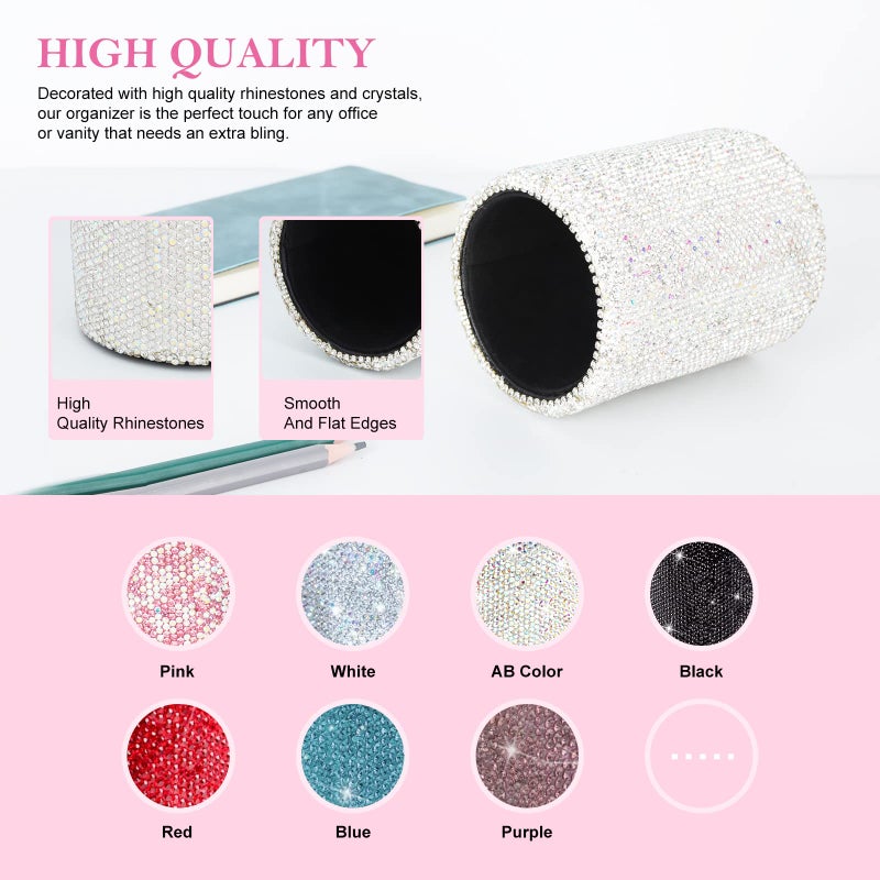 KEYPOWER Crystal Pencil Pen Pot Holder Box Bling Rhinestone Pen Organizer Holder Cosmetic Pencil Container Comb Brushes Personalized (Round) - Image 5